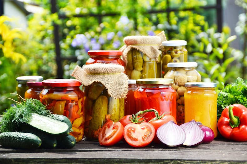 Collection of preserved vegetables and fruits