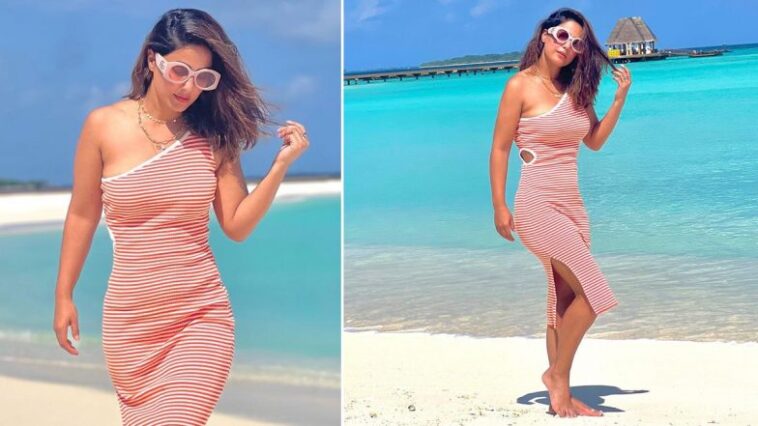 Hina Khan poses in an off-shoulder high slit shirt dress; says she is missing her beach vacays (View Pic) - OKEEDA